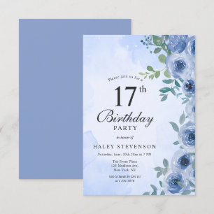 Invitación Azul Polvoriento Floral Acuarela Chic Cumpleaños 1