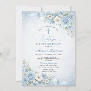 Invitación Azul Polvoriento Floral Bautizo Niño Bautismo Cump