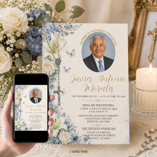 Invitación Azul Polvoriento Floral Blanca Foto Funeral Católi