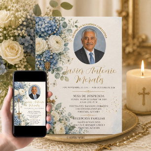 Invitación Azul Polvoriento Floral Blanca Foto Funeral Católi