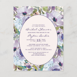 Invitación Azul Polvoriento Floral Bridal de Acuarela Púrpura
