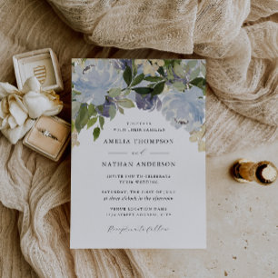 Invitación Azul Polvoriento Floral Elegante Boda 