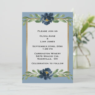 Invitación Azul Polvoriento Floral Elegante Floral Oro Boda
