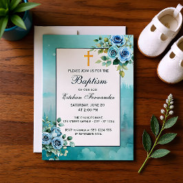 Invitación Azul Polvoriento Floral Niño Bautizo Religioso