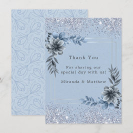 Invitación Azul Polvoriento Floral Plata Brillante Agradecimi