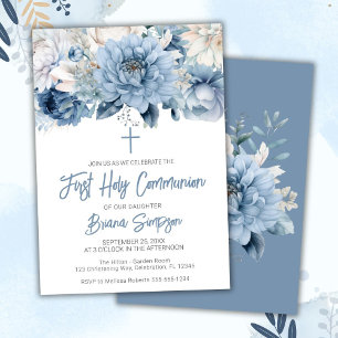 Invitación Azul Polvoriento Floral Primera Comunión