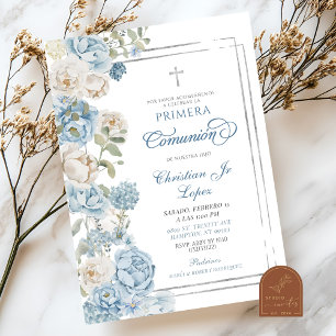 Invitación Azul Polvoriento Floral Primera Comunión I