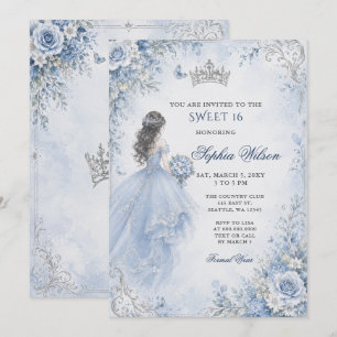 Invitación Azul Polvoriento Floral Princesa SWEET 16