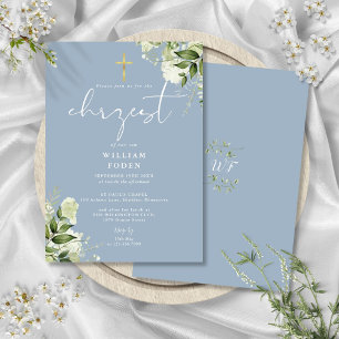 Invitación Azul Polvoriento Floral Verde Bautizo