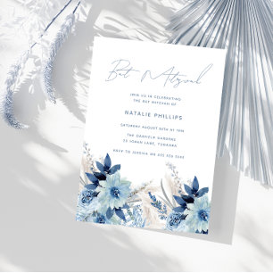 Invitación Azul Polvoriento Florales Acuarela Bat Mitzvah