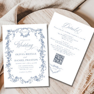 Invitación Azul polvoriento francés en un Boda de código QR