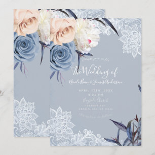 Invitación Azul polvoriento gris y encaje floral de melocotón