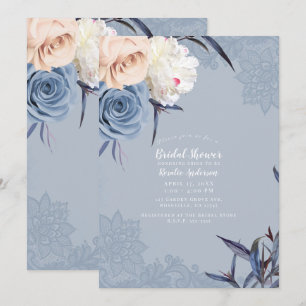 Invitación Azul Polvoriento Gris y Floral de Melocotón Encaje