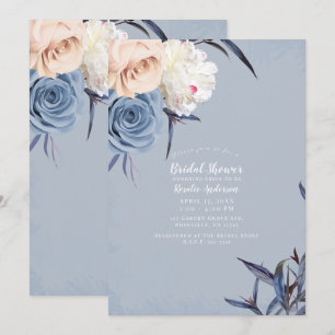 Invitación Azul polvoriento gris y floral de melocotón para d