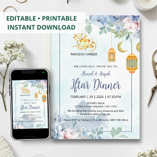 Invitación Azul Polvoriento Iftar Floral Mezquita Acuarela