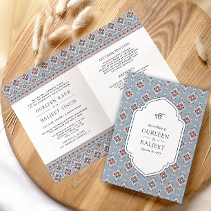 Invitación Azul Polvoriento Ikat Blanco Todo en Uno Boda Sikh