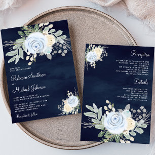 Invitación Azul Polvoriento Marfil Floral Enterizo Bodas de A