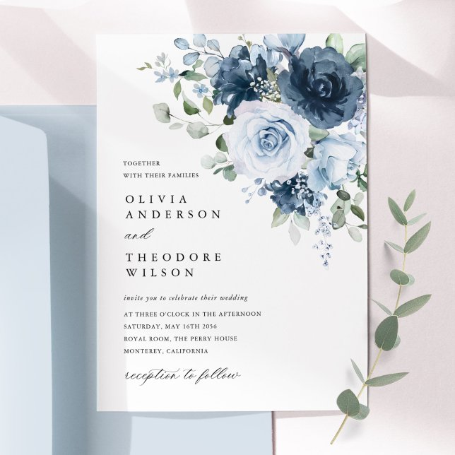 Invitación Azul Polvoriento Marina Aquarela Floral Elegante B (Dusty blue navy watercolor floral bouquet wedding invitation card elegant romantic design)