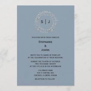 Invitación Azul Polvoriento Monograma Hoja Cresta Elegante Bo