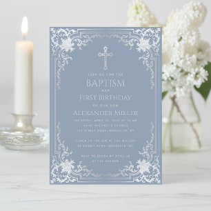 Invitación Azul Polvoriento Niño Bautizo Primer Cumpleaños Vi