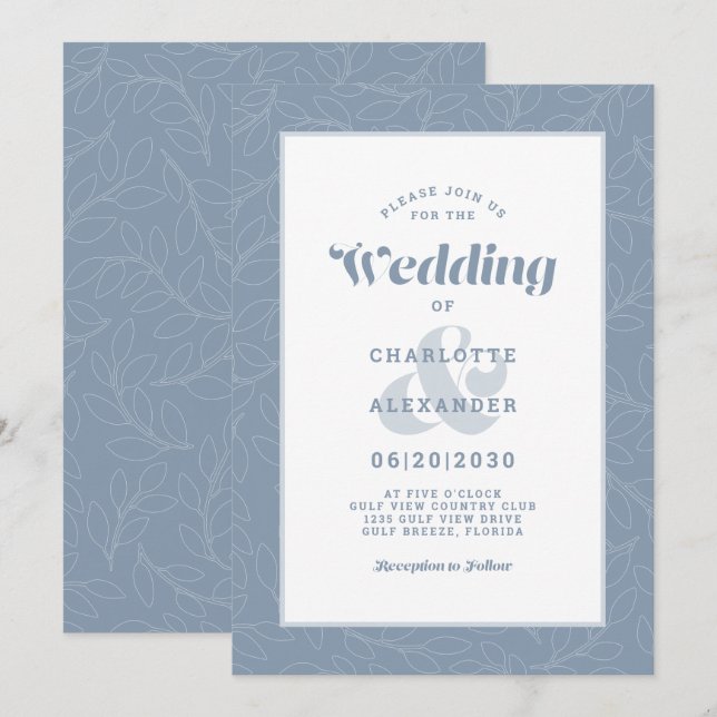 Invitación Azul Polvoriento | Patrón Moderno Simple de Hojas  (Anverso / Reverso)