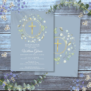 Invitación Azul Polvoriento Primera Comunión Verde Dorado 