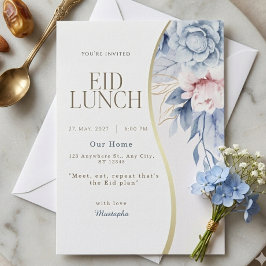 Invitación Azul Polvoriento Rosa Floral Curva Dorada Almuerzo