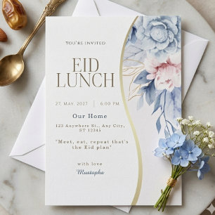 Invitación Azul Polvoriento Rosa Floral Curva Dorada Almuerzo