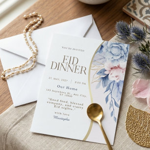 Invitación Azul Polvoriento Rosa Floral Curva Dorada Fiesta d