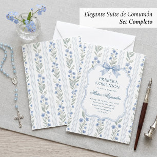 Invitación Azul Polvoriento Toile Floral Primera Comunión Esp