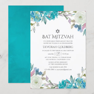 Invitación Azul polvoriento y Bat Mitzvah floral turquesa