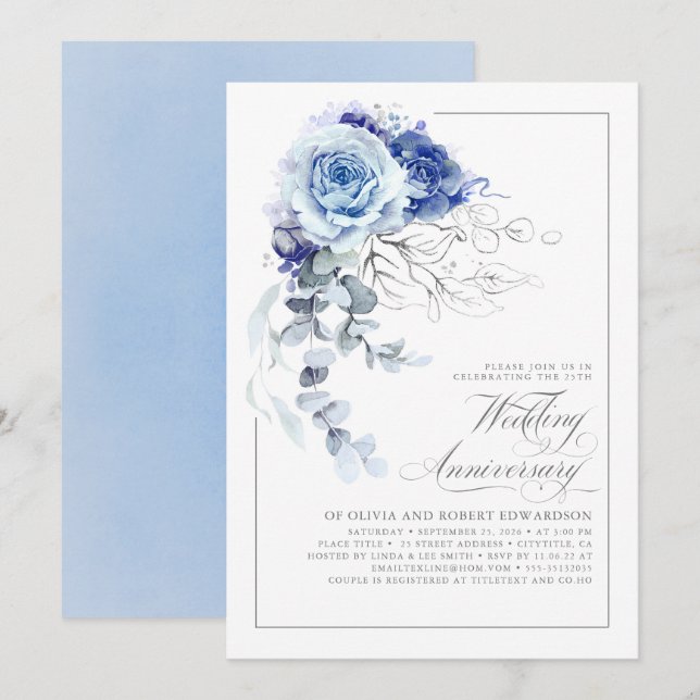 Invitación Azul Polvoriento y Flor de Boda Aniversario de Pla (Anverso / Reverso)