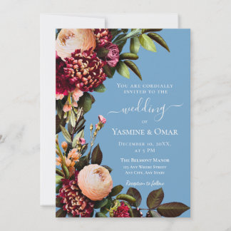 Invitación Azul polvoriento y floral granate con código QR 