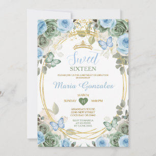 Invitación Azul Polvoriento y Floral Mariposa Cumpledieciséis