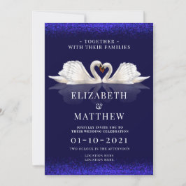 Invitación Azul profundo y blanco con Boda de cisnes