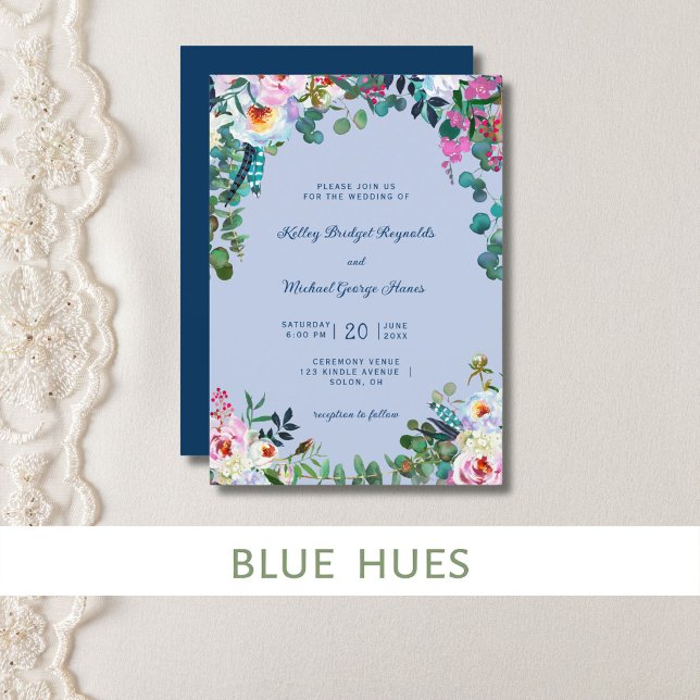 Invitación Azul Prusiano y Periwinkle Boho Paraíso Floral (Prussian blue and periwinkle watercolor floral makes a pretty spring wedding invitation.)
