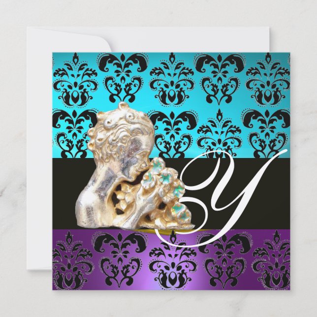 INVITACIÓN AZUL, PURPLE, NEGRO, BLANCO DAMASK JEWEL MONOGRAM (Anverso)