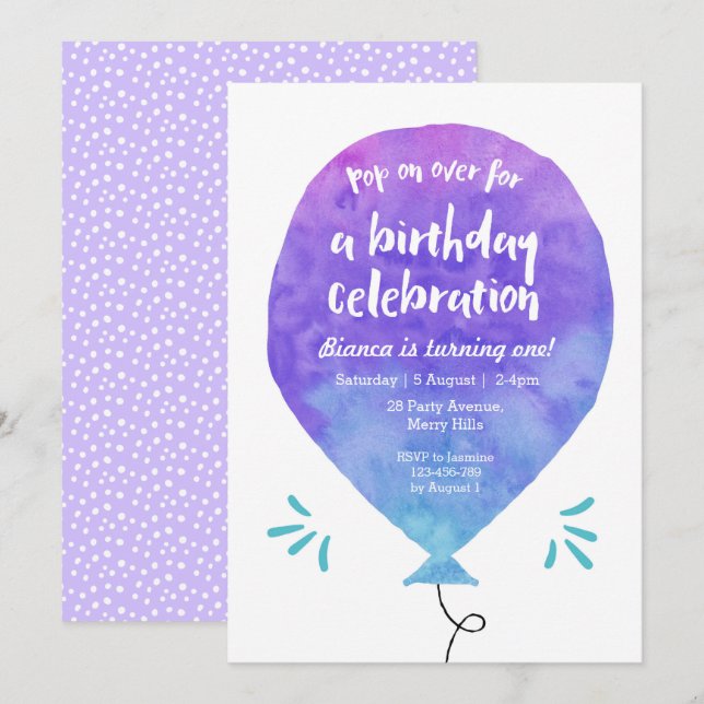Invitación azul púrpura del cumpleaños del globo (Anverso / Reverso)