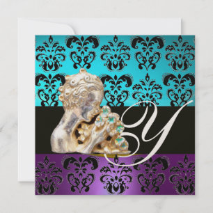 INVITACIÓN AZUL, PURPURA, NEGRO, DAMASCO BLANCO MONOGRAMA DE 