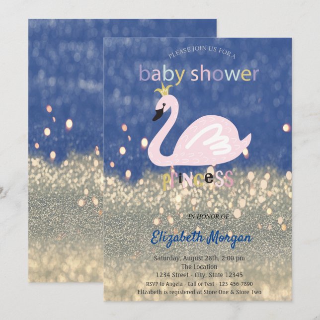 Invitación Azul, Purpurina de oro Bokeh, Swan Baby Shower (Anverso / Reverso)