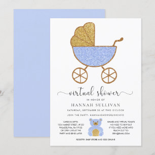 Invitación Azul Purpurina de transporte retro de Baby Shower 