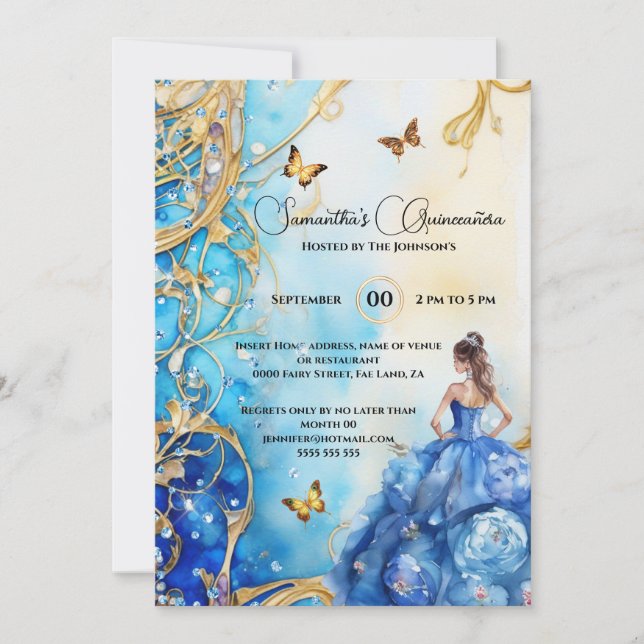Invitación Azul Quinceañera purpurina de baloncesto mariposa  (Anverso)