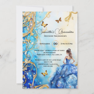 Invitación Azul Quinceañera purpurina de baloncesto mariposa