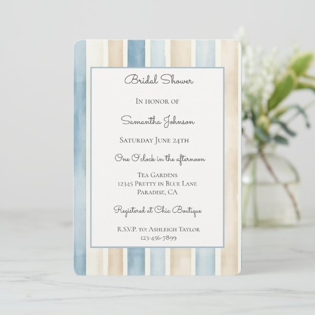 Invitación Azul Rayas Crema Despedida de Soltera   (Anverso de pie)