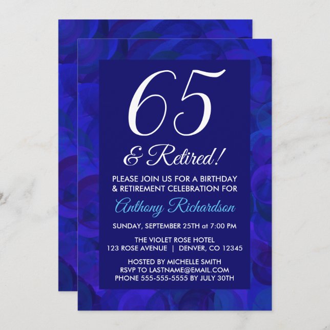 Invitación Azul Real 65 y Fiesta de Jubilación de Jubilados (Anverso / Reverso)