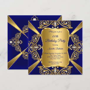 Invitación Azul Real Agregar Edad Cumpleaños Oro Diamante