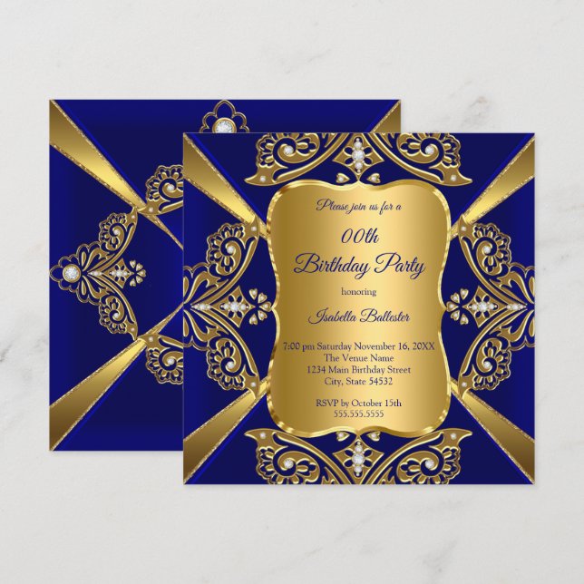Invitación Azul Real Agregar Edad Cumpleaños Oro Diamante (Anverso / Reverso)