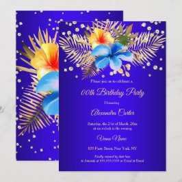 Invitación Azul real Amarillo dorado floral Fiesta de cumplea