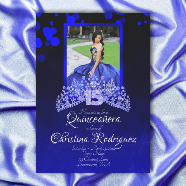 Invitación Azul real, azul claro Tiara Rhineston Quinceanera (Royal blue, light blue rhinestones tiara, blue glitter 15 quinceanera invitation)