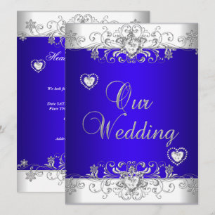 Invitación Azul real Boda Plata Diamante Corazones